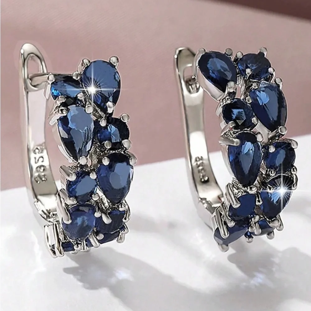 Gorgeous Royal Blue Diamond CZ Hoop Earrings in Sterling Silver - Picture 5 of 9